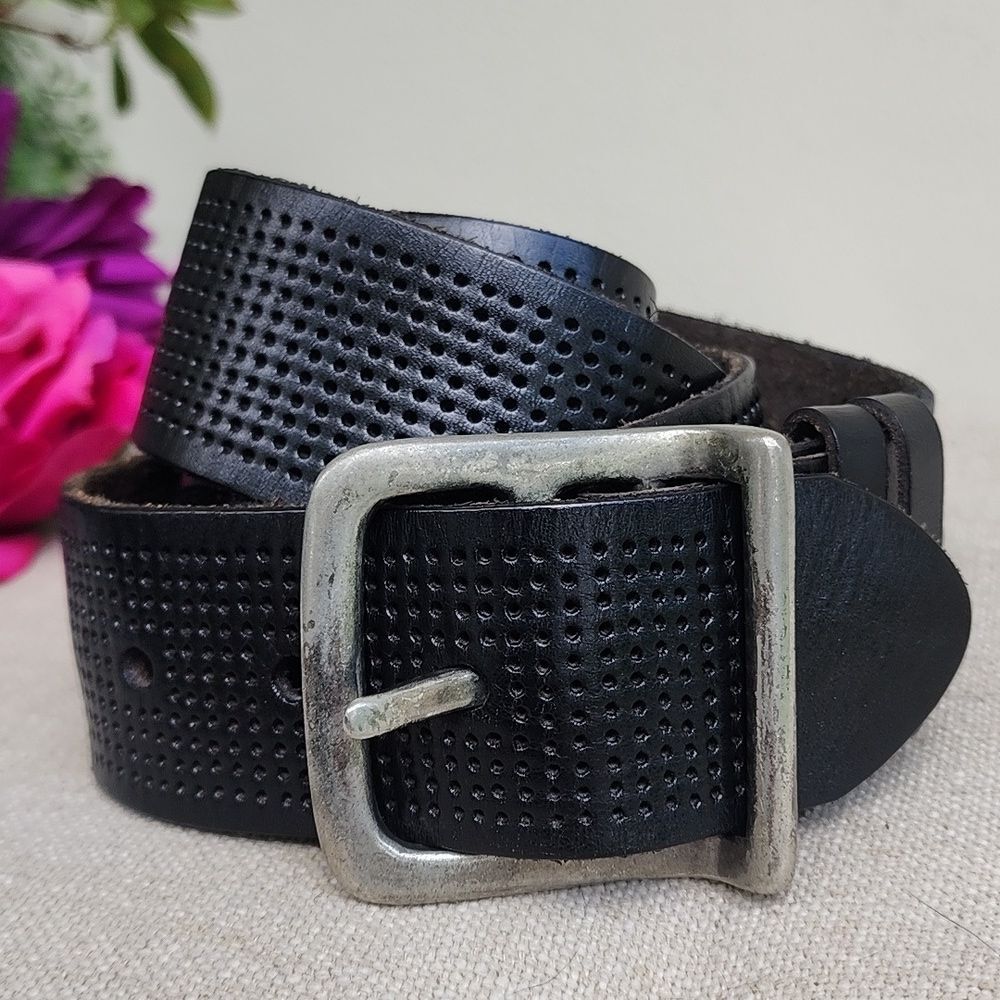 Bill Adler Black Perforated Leather Silver Square Buckle Belt 36-42
